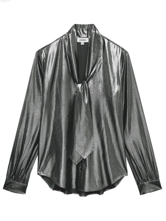 $375 L’Agence- Metallic Silver Longsleeve Gisele Necktie Blouse - Picture 2 of 7